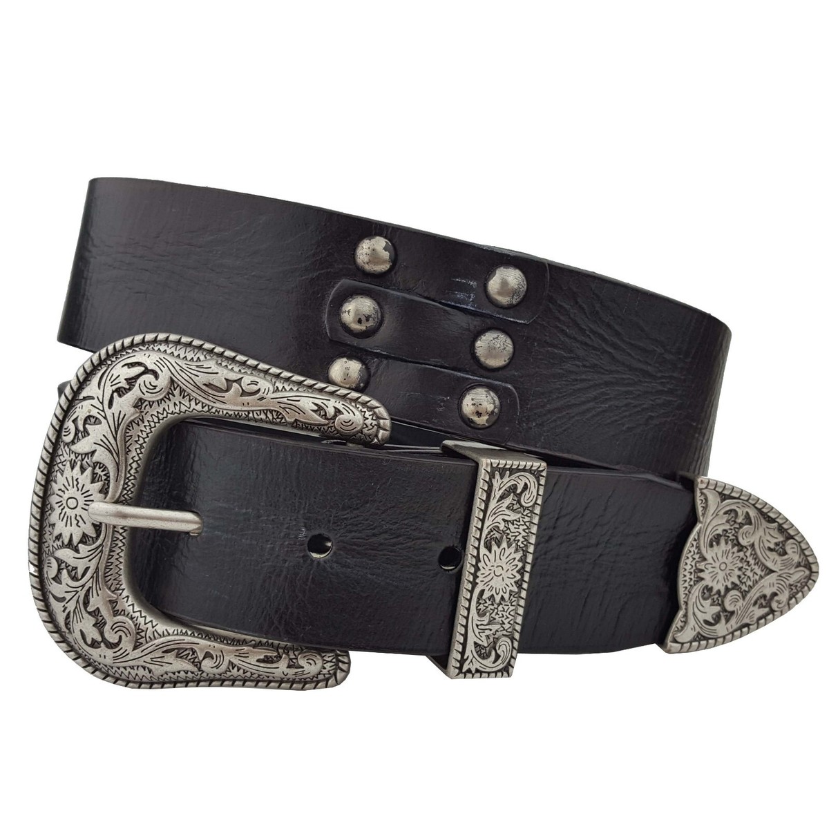 Western Silver Buckle in Studded Leather Belt | eBay