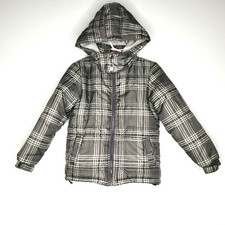 Calvin Klein Boys Gray Plaid Puffer Coat Jacket Hood Fleece Lined Size Large 7