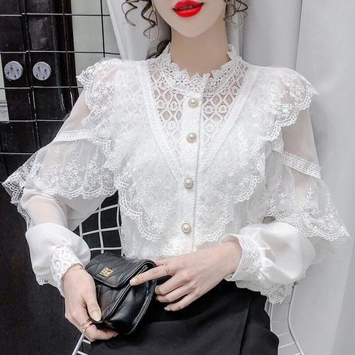 Donna Camicie Camicetta Top Manica Lunga Pizzo a Balze Patchwork Bottoni  Bianco | eBay