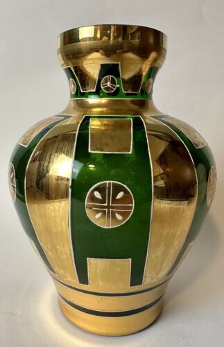 Vintage 7” Bohemian Art Deco Style Emerald Green Glass Vase Gold Gild - Picture 1 of 24