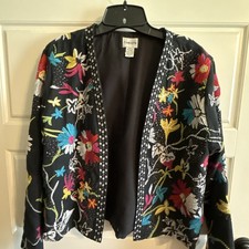 CHICO Sz 1 Med Floral Sequin Open Front Jacket Black Multicolor Bohemian