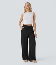 Halara Women  s Black High Rise Wide-Leg Pants Drawstring Pockets Relaxed L