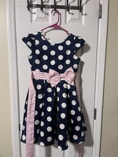 Rare Editions Fit Flare Girls Dress Size 12 Blue Polka Dot Pink Bow Party