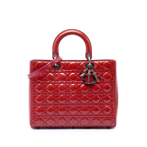 Dior Large Patent Cannage Lady Pre-Loved Satchel Strawberry