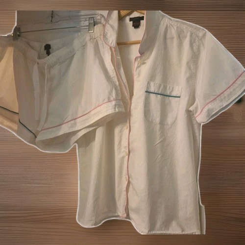 J.Crew Women’s Tipped Pajama Set Shorts Short Sleeve White Teal & Pink Piping - Picture 3 of 10
