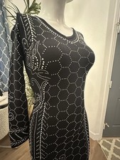 Black Stretch Bodycon Dress S/M Rhinestones Studded Super Stretch Tight Midi