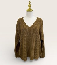 Eileen Fisher Large Organic Cotton Cashmere Fluff V-Neck Sweater Gold Leaf NWT