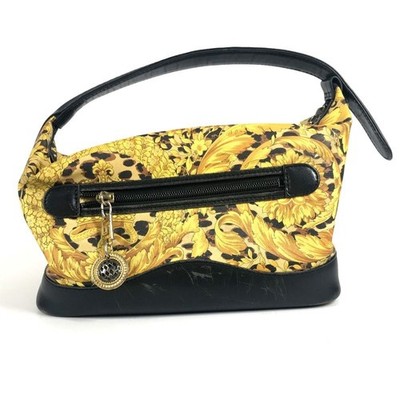 Versace  Vanity Bag Yellow Black PVC Leather Top Handle Auth