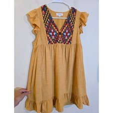 THML Mustard Yellow Embroidered Boho Mini Dress Ruffle Sleeve WCT294-MS Medium