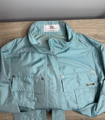 CH CAROLINA HERRERA Aqua Blue Belted Windbreaker Jacket Metallic Size S