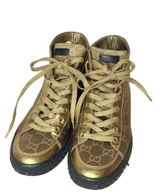 Gucci Canvas Metallic Gold High-Top Sneakers Web Stripe Monogram Women s Size 34