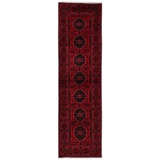 2'7"x9'7" Red Afghan Andkhoy with Tribal Medallions Wool Hand Knotted Runner Rug