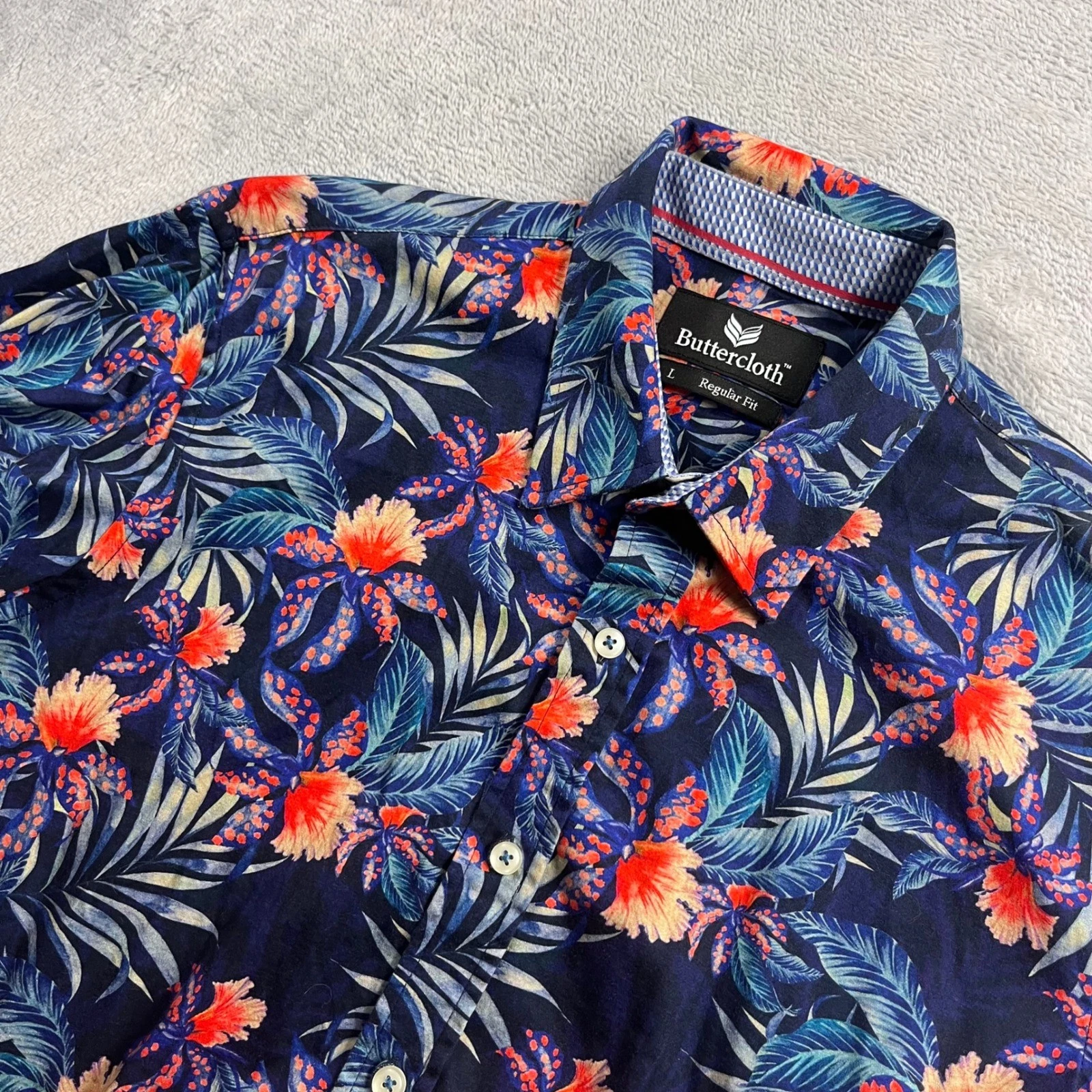 Buttercloth Mens Regular Fit Short Sleeve Tropical Floral Button Down Shirt L