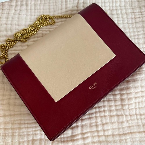 CELINE Bicolor Leather Chain Wallet Shoulder Bag Bordeaux & Beige Authentic