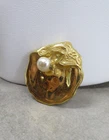 Vintage Miriam Haskell Brooch Goldtone Oyster Shell Faux Pearl Signed 1.5”