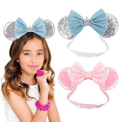 DRESHOW Minnie Ears Headbands Mouse Ears Sequin Bow Headbands Elastic Adjustable