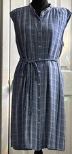 LOFT Blue White Plaid Sleeveless Lined Belted Button Up Knee Length Shirt Dress