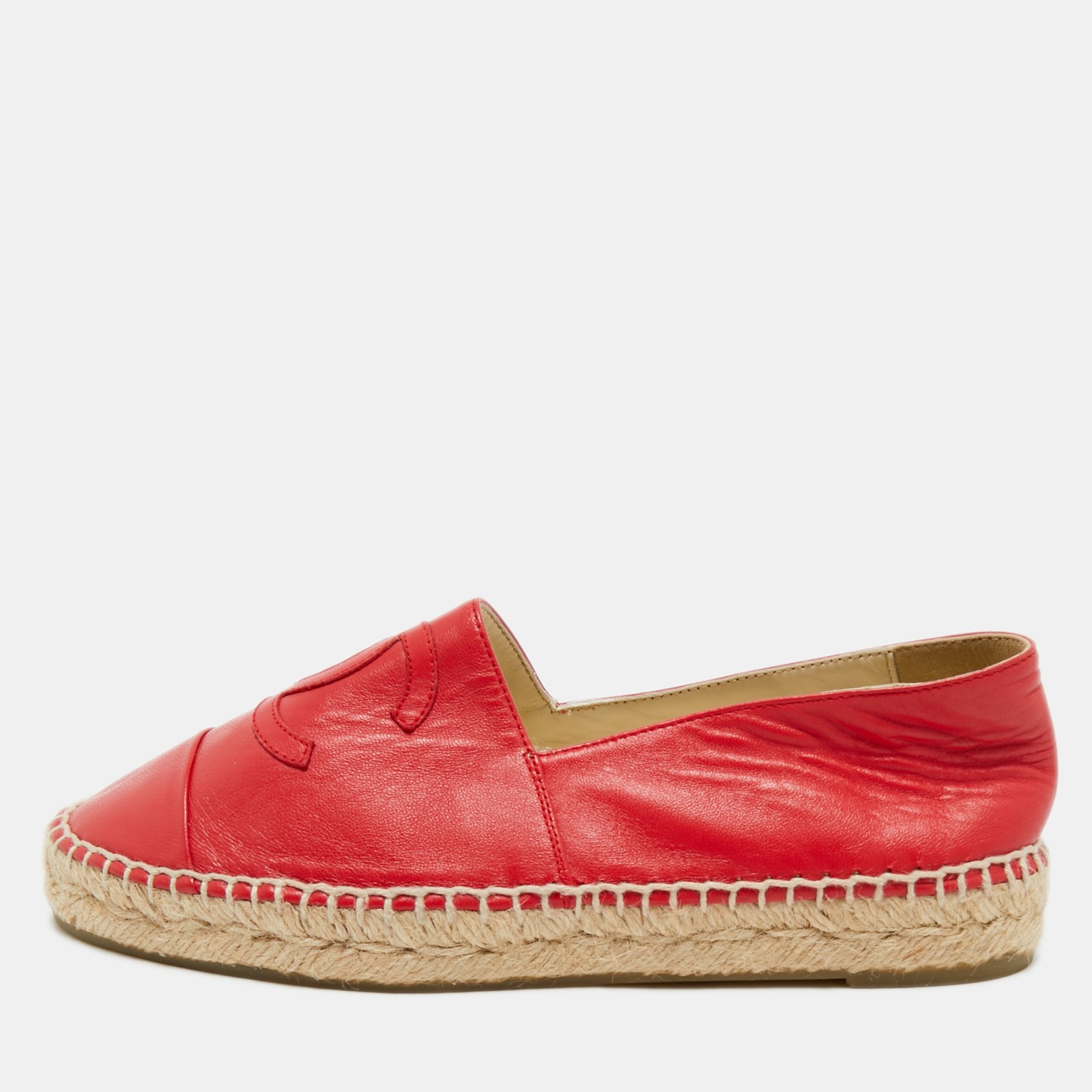 Chanel Red Leather CC Logo Espadrilles Size 37