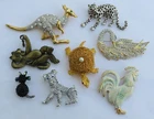 Vintage Animal Figural Costume Jewelry Brooch LOT 8pcs Rooster Dog Cat Swan