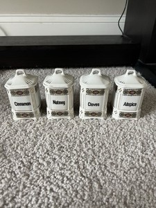 Vintage White Block Czechoslovakia Porcelain Spice Jar Set of 4 Gold Trim