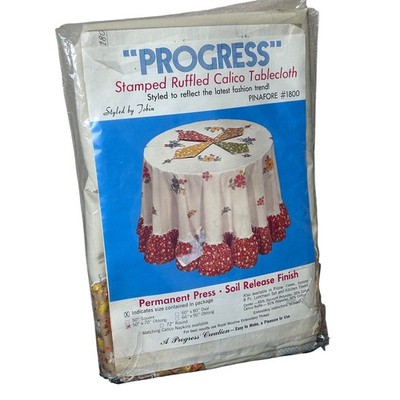 Vintage Stamped Ruffled Calico Tablecloth Kit 50'' x 70'' Oblong Prairie Kitsch