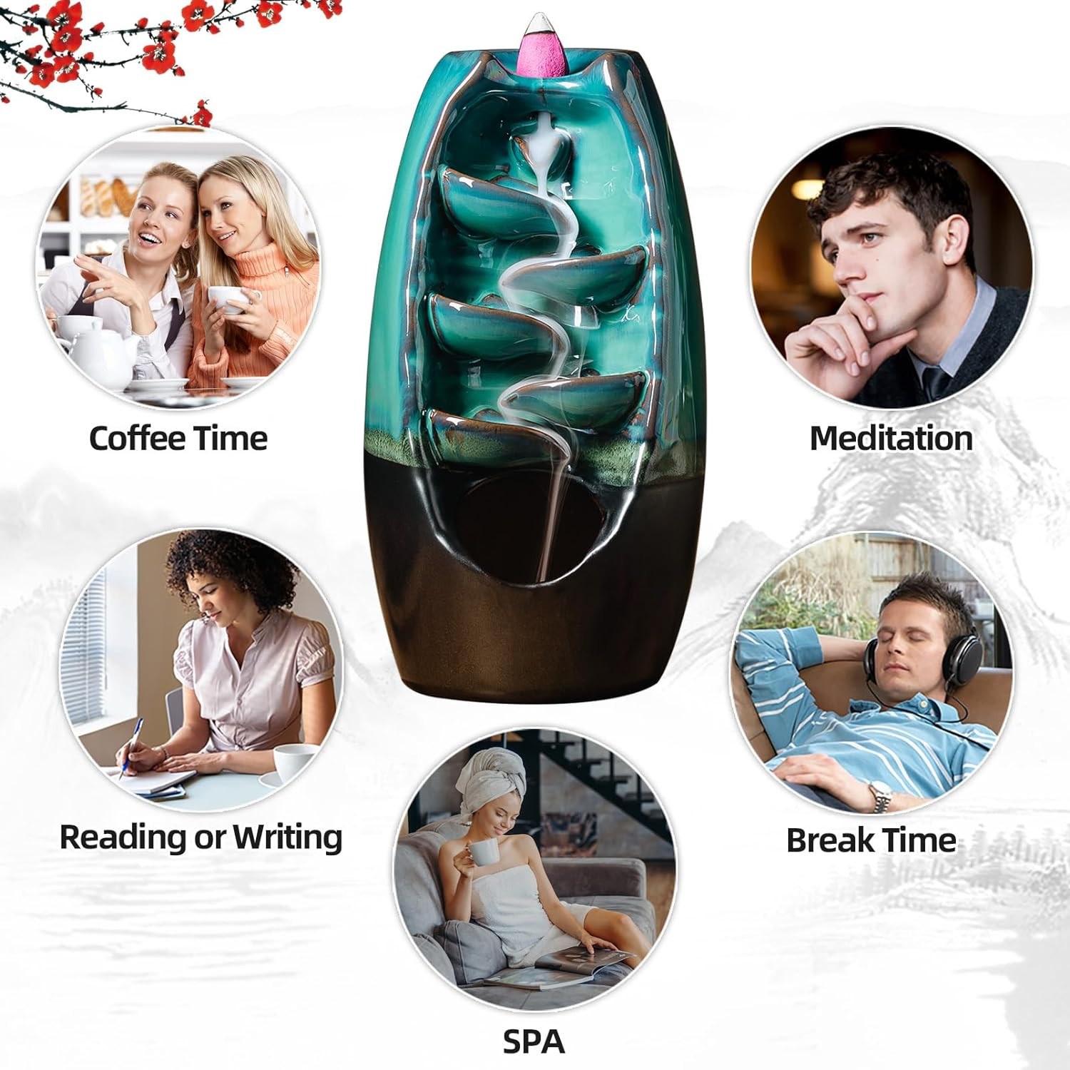 Ceramic Incense Burner with 100 Upgraded Cones, Waterfall Backflow Incense Holde