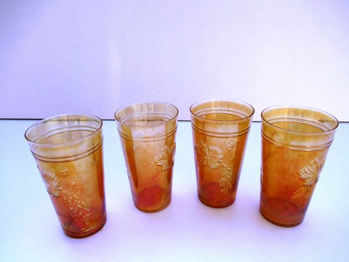 Antique Carnival Glass Fantasy Flower Tumbler Jain Paliwal Glass Works 4 Pc Lot" - Picture 9 of 11