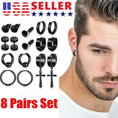 16 PACK Earrings Stud Stainless Steel Punk  Piercing Men Hoop Gothic Unisex - Picture 1 of 9