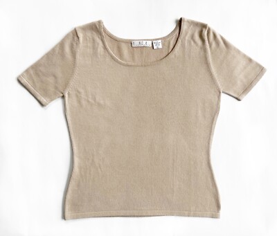 TSE Short Sleeve Scoop Neck 55% Silk/45% Cashmere Tan Pullover Fitted  Sweater LG