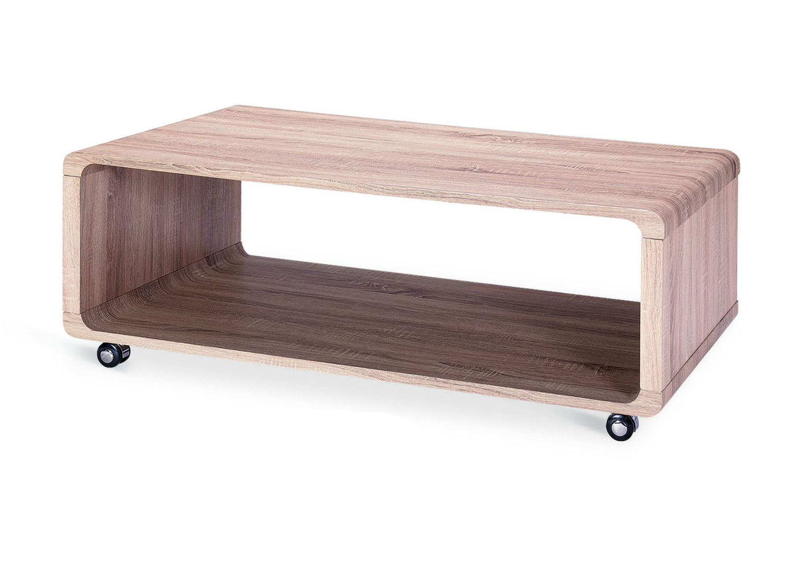 Coffee Table Wooden Rectangle Top with Shelf Castors Natural Finish