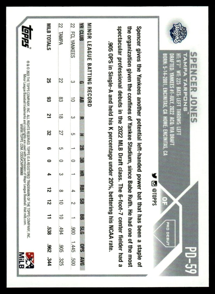 2023 Topps Pro Debut Spencer Jones Tampa Tarpons #PD-59 - Image 2 of 2