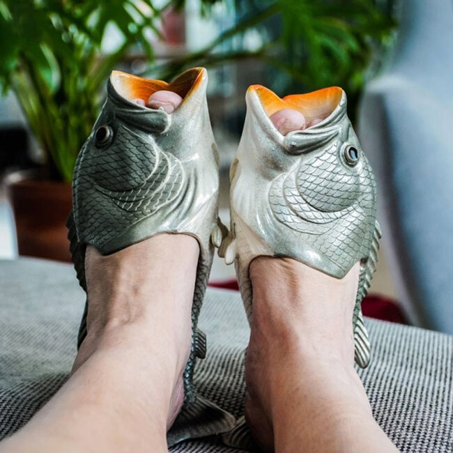 Fishy Feet Silver Trouts Sandals Beach Fish Shoes Funny Gag Gift  MEDIUM