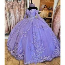 Lavender Quinceanera Dress Sparkling Beaded Lace Sticked Flower Ball Dress Sweet