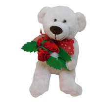 White Teddy Bear Holding 3 Red Rose 14" Plush Stuffed Animal