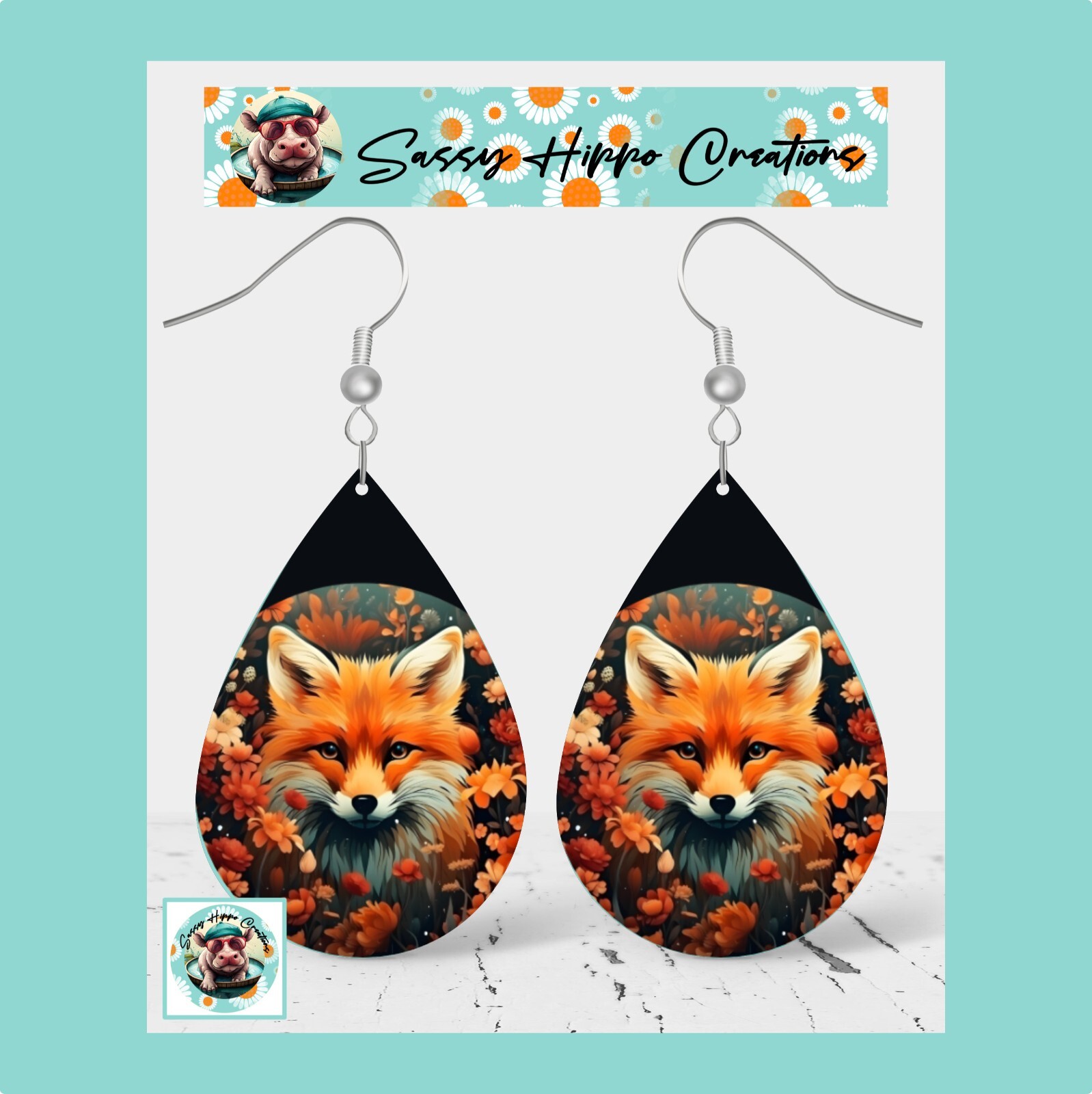 Autumn Fox Earrings with Sublimated Leaves on MDF Hook Backs-image