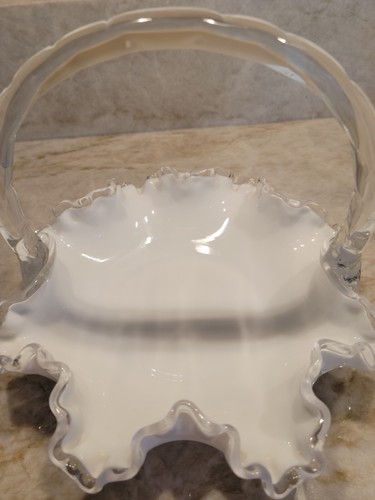 Fenton Silver Crest Vintage Ruffled Edge Milk Glass Basket Clear Handle - Picture 7 of 7