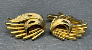 Authentic Contemporary Freeform Feathers Yellow Gold Plated Cuff Links