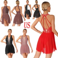 Womens Figure Ice Skating Dress Mesh Patchwork Sleeveless Lyrical Dance Dress