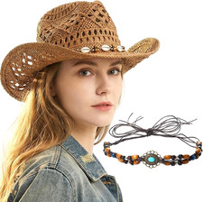 Straw Cowgirl Hat with Two Decorative Bands, Western Wide Brim Straw Cowboy Hat