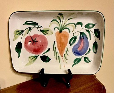 Large Ceramic Stoneware Tray, 14x9 , Artsy Hand-painted Veggies, Italy EXCLNT