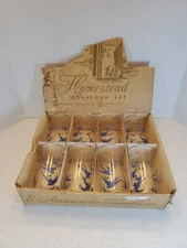 Federal Glass Homestead Set Of 8 Tumblers With Box MidCentury Blue Bird S-161