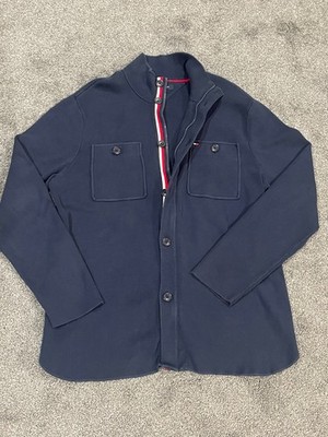 Tommy Hilfiger Jacket Mens  Large Y2K  Knit  Navy Blue Ribbed Signature Stripe