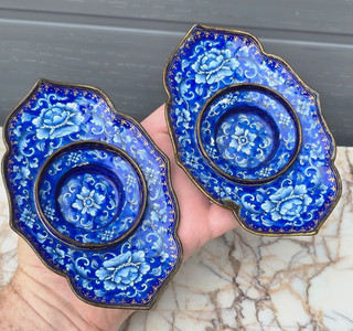Chinese Antique Canton Enamel Cup bowl Stands x2 Qianlong period c18th SUPERB