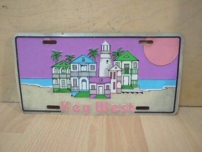 VTG Key West Florida Booster License Plate Lighthouse Palm Trees RARE