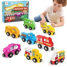 Wooden Magnetic Train Cars - 8-Piece Educational City Vehicles, Montessori Fi...