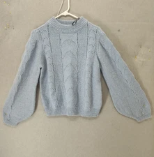 H M Women Sweater Small Blue WoolBlend Knit Stretch Long Balloon Sleeve Pullover