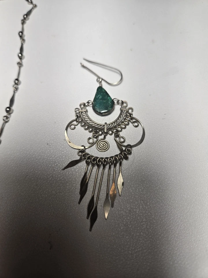 Conjunto de brinco de fio colar nativo americano prata esterlina, TURQUESA - Imagem 4 de 4