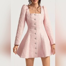 LoveShackFancy 🩷 6 Haveri Lt Pink Brocade Sqaure-Neck Crystal Button Mini Dress