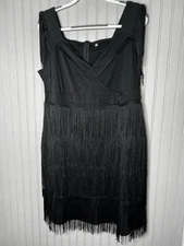 Black Fringe Dress Womens Large Sleeveless 20s Flapper Gatsby Cocktail P