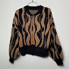 Womens Abstract Print Zip Up Sweater Bat Wing Black Tan Fuzzy Trim